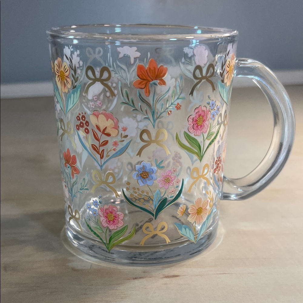 Floral Clear Glass Mug Gold Accents 12 ox.